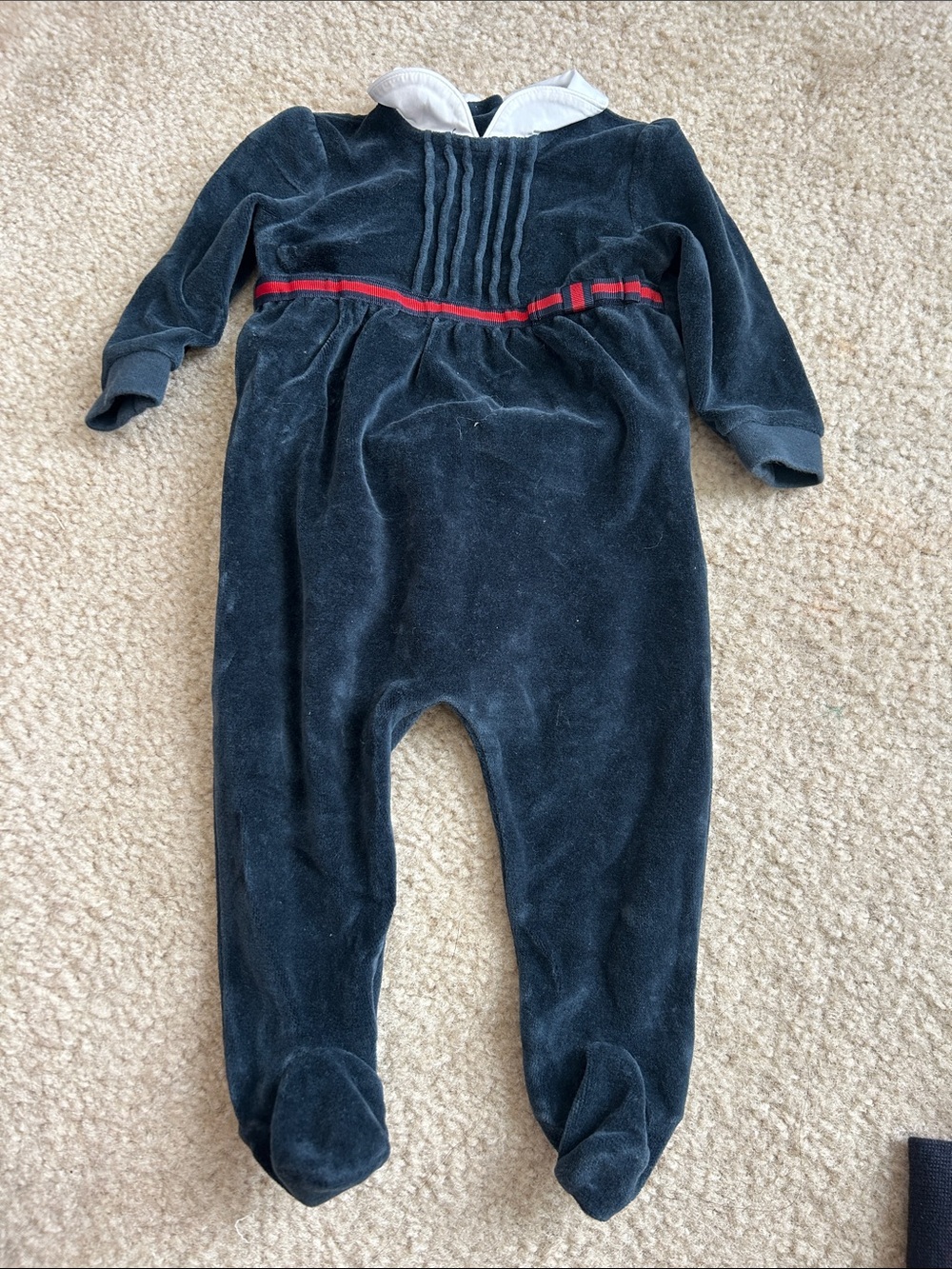 Gucci Navy Velour Footed One-Piece with Red Trim